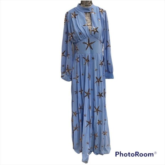 NWOT Blue Beaded Chiffon Maxi Dress Size L - Picture 2 of 8